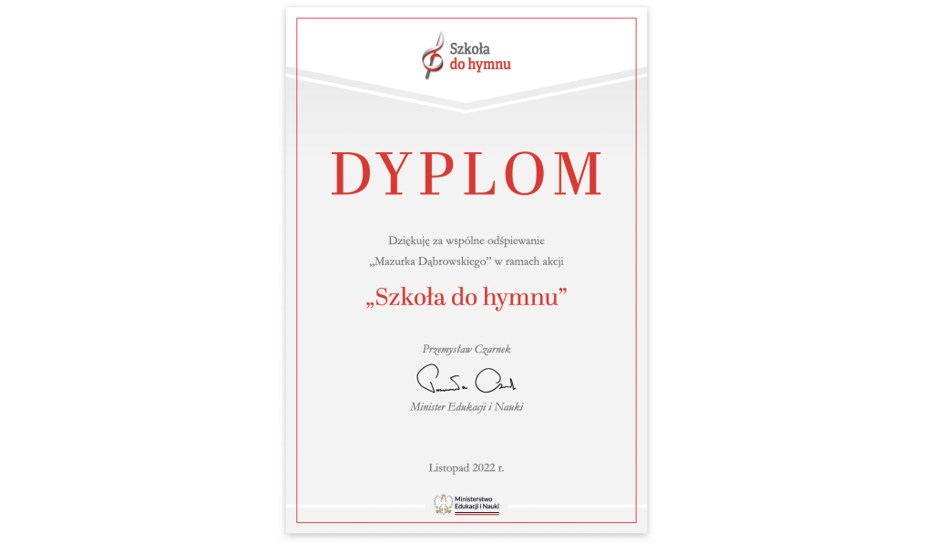 Dyplom za udział w akcji „Szkoła do Hymnu”